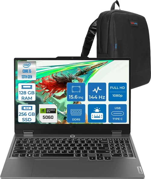 Lenovo Loq 15IRX10 Intel® Core I5-13450HX 128GB Ddr5 256GB SSD 15.6" 8GB/RTX5060 100W (1920X1080) IPS 300NITS 144Hz, G-Sync® Freedos Gaming BILG.83JE00JMTRF31+ZETTAÇANTA ürün görseli 1