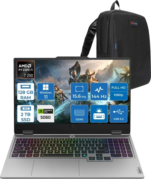 Lenovo Loq 15AHP10 Amd Ryzen 7 250 Aı 128GB Ddr5 2tb SSD 8GB/RTX5060 100W Gddr7 15.6" Fhd (1920X1080) IPS 300NITS 144Hz  WIN11HOME Gaming BILG.83JG008UTRH34+ZETTAÇANTA ürün görseli 1
