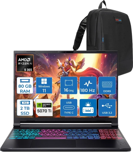 Acer Nitro V 16S Aı AN16S Amd Ryzen™ Aı 9 365 80GB Ddr5 2tb SSD 12GB/RTX5070Tİ 110W 16"qhd+ 2560X1600 180Hz IPS WIN11PRO Gaming Bilgisayar. NHU07EY001P24+ZETTAÇANTA ürün görseli 1