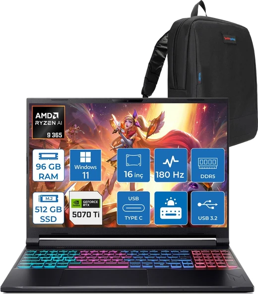 Acer Nitro V 16S Aı AN16S Amd Ryzen™ Aı 9 365 96GB Ddr5 512GB SSD 12GB/RTX5070Tİ 110W 16"qhd+ 2560X1600 180Hz IPS WIN11HOME Gaming Bilgisayar. NHU07EY001H27+ZETTAÇANTA ürün görseli 1