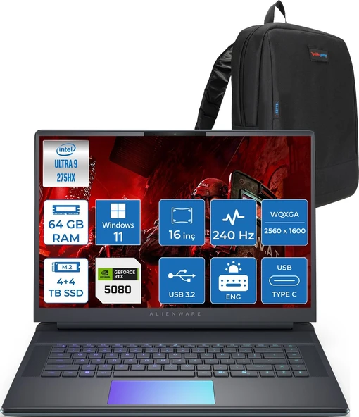 Dell Alienware 16 Area-51 AA16250 Ultra 9 275HX Ddr5 64GB 4tb Ssd+4tb SSD 16GB/RTX5080 175W 16INÇ Wqxga 240Hz 500NITS 3ms WINDOWS11PRO Gaming Laptop AA1625080P32+ZETTAÇANTA ürün görseli 1