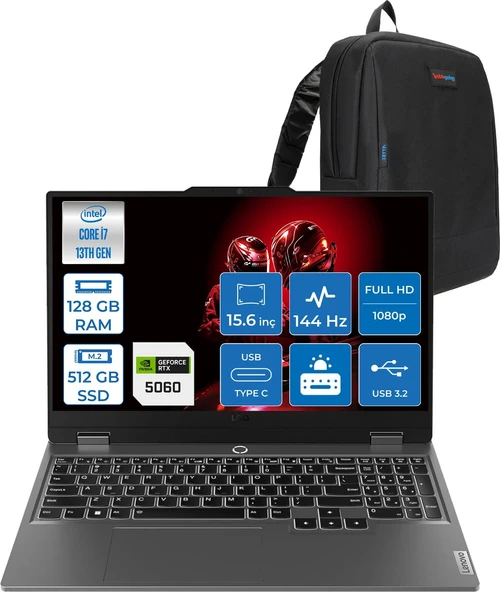 Lenovo Loq 15IRX10 Intel® Core I7-13650HX 128GB Ddr5 512GB SSD 15.6" 8GB/RTX5060 100W (1920X1080) IPS 300NITS 144Hz, G-Sync® Freedos Gaming BILG.83JE00ETTRF32+ZETTAÇANTA ürün görseli 1