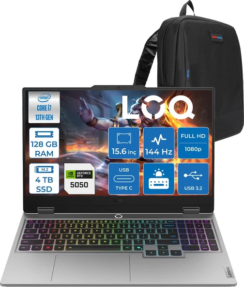 Lenovo Loq 15IRX10 Intel Core I7 13700HX 128GB Ddr5 4tb SSD RTX5050 8gb 100W Freedos 15.6" Fhd (1920X1080) IPS 300NITS 144Hz 100% Srgb Taşınabilir Bilgisayar W83JE00KKTRF52 + Zetta Çanta ürün görseli 1
