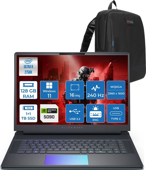 Dell Alienware 16 Area-51 AA16250 Ultra 9 275HX DDR5 128GB 1TB SSD+1TBSSD 24GB/RTX5090 175W 16inç WQXGA 240Hz 500Nits 3ms Windows11Pro Gaming Laptop AA1625090P52+ZettaÇanta ürün görseli 1