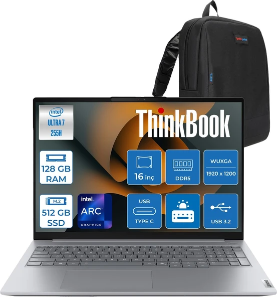 Lenovo Thinkbook 16 Gen 8 Ial Intel Core Ultra 7 255H 128GB Ddr5 512GB SSD Freedos Intel Arc 140T 16 Inç Wuxga (1920 x 1200) IPS 300NITS Taşınabilir Bilgisayar 21SK007UTXF58 + Zetta Çanta ürün görseli 1
