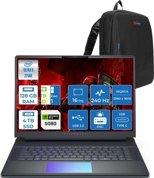 Dell Alienware 16 Area-51 AA16250 Ultra 9 275HX DDR5 128GB 4TB SSD 16GB/RTX5080 175W 16inç WQXGA 240Hz 500Nits 3ms Windows11Pro Gaming Laptop AA1625080P55+ZettaÇanta ürün görseli 1