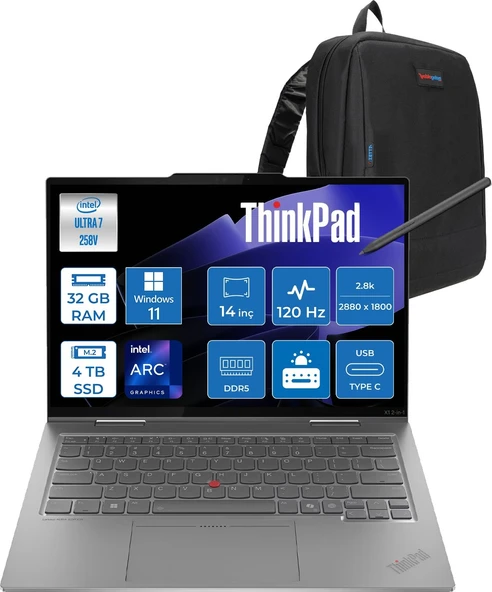 Lenovo Thinkpad X1 2-In-1 GEN10 Aura Edition Intel Core Ultra 7 258V 32GB 4tb SSD Windows 11 Pro 4g(Esım) 14'' 2.8k (2880X1800) OLED 500NITS Dokunmatik X21NU0023TX05+ Yoga Kalem + Zetta Çanta ürün görseli 1