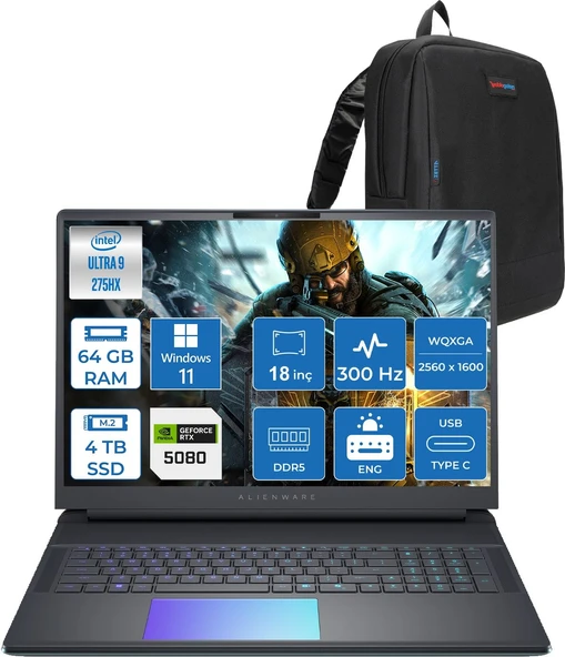 Dell Alienware 18 Area-51 AA18250 Ultra 9 275HX Ddr5 64GB 4tb SSD 16GB/RTX5080 175W 18INÇ Wqxga 300Hz 500NITS WINDOWS11HOME Gaming Laptop AA1825080H31+ZETTAÇANTA ürün görseli 1