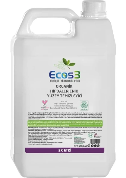 ECOS3 ORGANİK & HİPOALERJENİK YÜZEY TEMİZLEYİCİ (5000 ML) ürün görseli 1