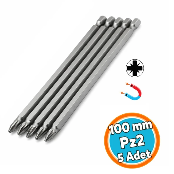 Mıknatıslı 100 mm Pozidriv Bits Uç PZ2 Manyetik 1/4" Matkap Ucu 10 cm Güçlü Tayvan Çeliği (5 Adet) ürün görseli 1
