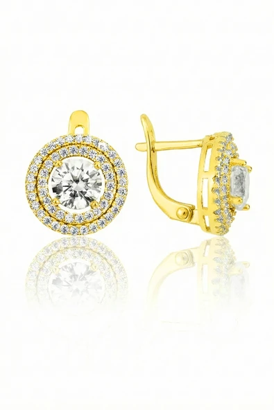 925 Ayar Gümüş Küpe Altın Kaplama Özel Tasarım Yuvarlak Zirkon Taşlı Klipsli Küpe SGTL13201GOLD ürün görseli 1