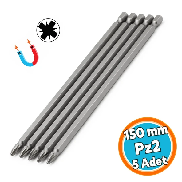 Mıknatıslı 150 mm (5 Adet) Pozidriv Bits Uç PZ2 Manyetik 1/4" Matkap Ucu 15 cm Güçlü Tayvan Çeliği ürün görseli 1