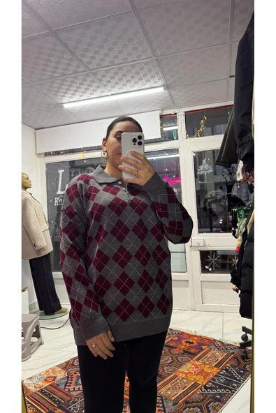 Leova Oversize Baklava Desenli Kadın Triko Kazak – Polo Yaka, Uzun Kollu ürün görseli 1