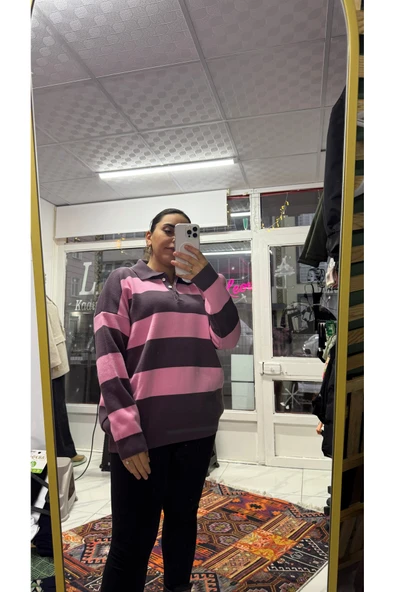 Leova Oversize Çizgili Kadın Triko Kazak – Polo Yaka, Uzun Kollu, Rahat Kesim ürün görseli 1