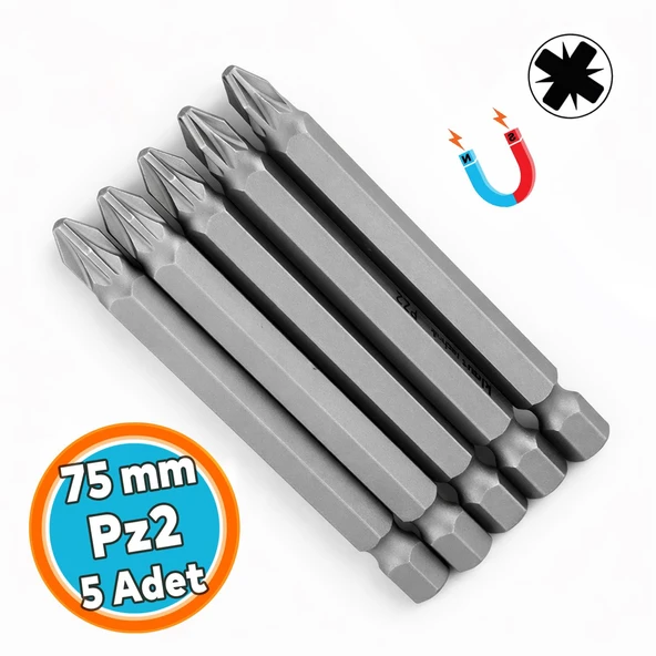 Pozidriv Bits Uç PZ2 (5 Adet) Mıknatıslı 75 mm Manyetik 1/4" Matkap Ucu 7.5 cm Güçlü Tayvan Çeliği ürün görseli 1