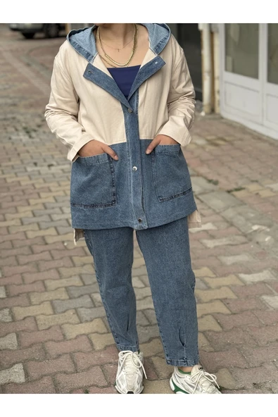 Leova Renk Bloklu Denim Detaylı Kadın Ceket ürün görseli 1