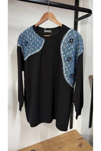 Leova Kadın Siyah Mavi Payet İşlemeli Çiçek Detaylı Şık Sweatshirt ürün görseli 1