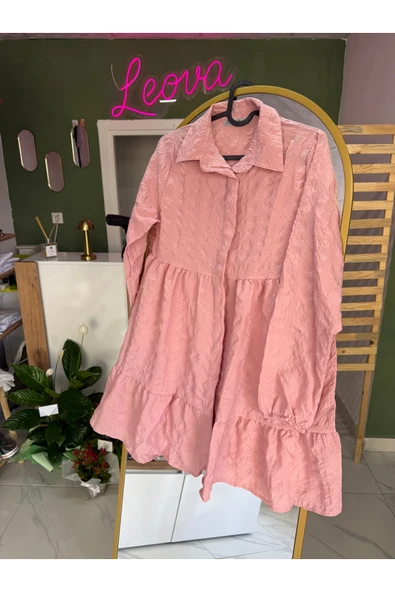 Leova Pembe Altı Fırfırlı Kolu Lastikli Gofre Tunik ürün görseli 1
