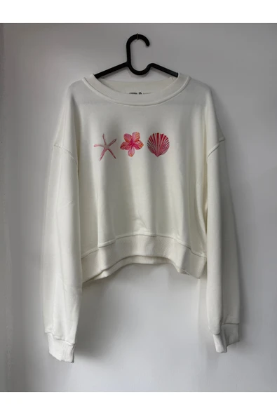 Leova Deniz Temalı Baskılı Crop Sweatshirt -Beyaz ürün görseli 1