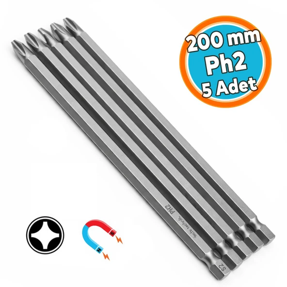 Tayvan Çeliği Mıknatıslı Yıldız PH2 Bits Uç Manyetik 1/4" Matkap Ucu 20 cm Uzunluk (5 Adet) ürün görseli 1