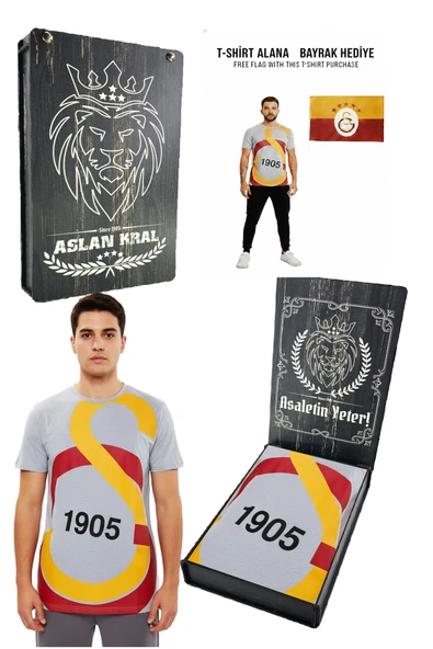 Galatasaray Büyük Logolu Tee Gri T-shirt Bayrak ve Lazer Kutu Hediyeli ürün görseli 1