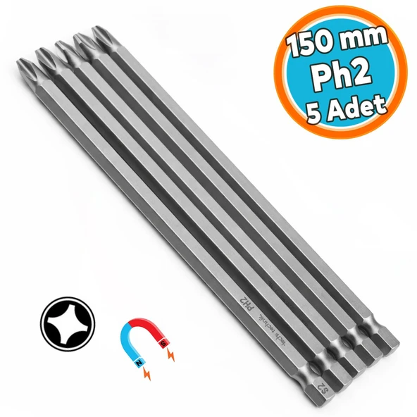 Tayvan Çeliği Mıknatıslı Yıldız PH2 Bits Uç Manyetik 1/4" Matkap Ucu 15 cm Uzunluk (5 Adet) ürün görseli 1