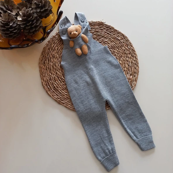 MARS BABY Kız Bebek Triko Oyuncak Ayılı Salopet Gri ürün görseli 1