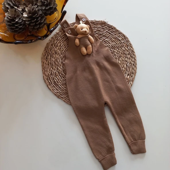 MARS BABY Kız Bebek Triko Oyuncak Ayılı Salopet Kahve ürün görseli 1