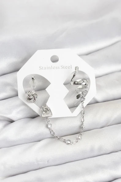 Pirinç Gümüş Renk Yılan Model Zincir Bağlantılı Ear Cuff Küpe Seti - TJ-BKP11533 ürün görseli 1