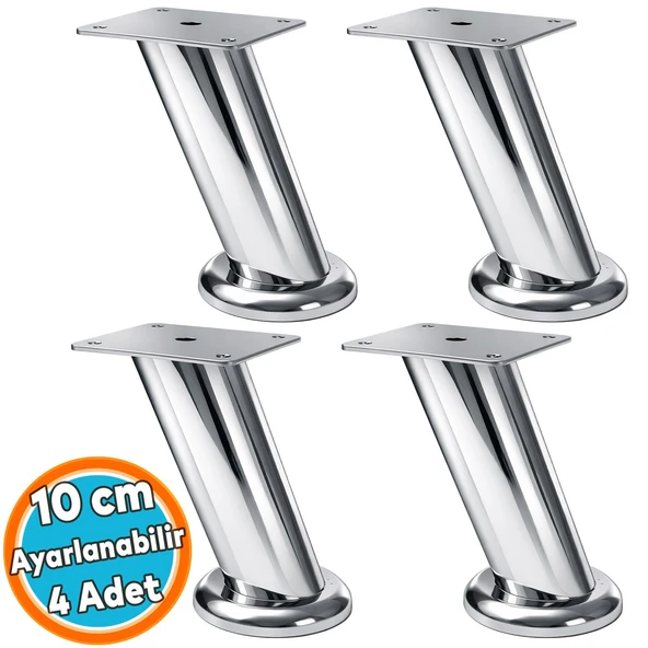 (10 CM) Krom Metal Tablalı Dereceli Ayarlanabilir Baza TV Ünitesi Koltuk Mobilya Ayağı (4 Adet) ürün görseli 1