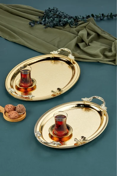 Cooker 2'li Kelebekli Metal Oval  Sunum Tepsisi 49x33 cm ve 41x20 cm ürün görseli 1