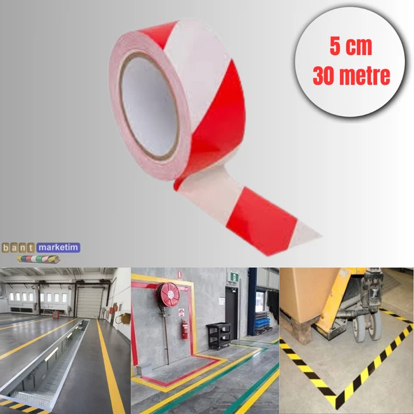 Yer İşaretleme Bandı Kırmızı-beyaz 5cmx30m Kırmızı Beyaz Zemin Bandı İkaz 50mm ürün görseli 1