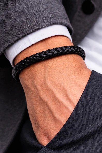 Black Braid Essential – İnce Örgü Hakiki Deri Erkek Bileklik-50-682 ürün görseli 1