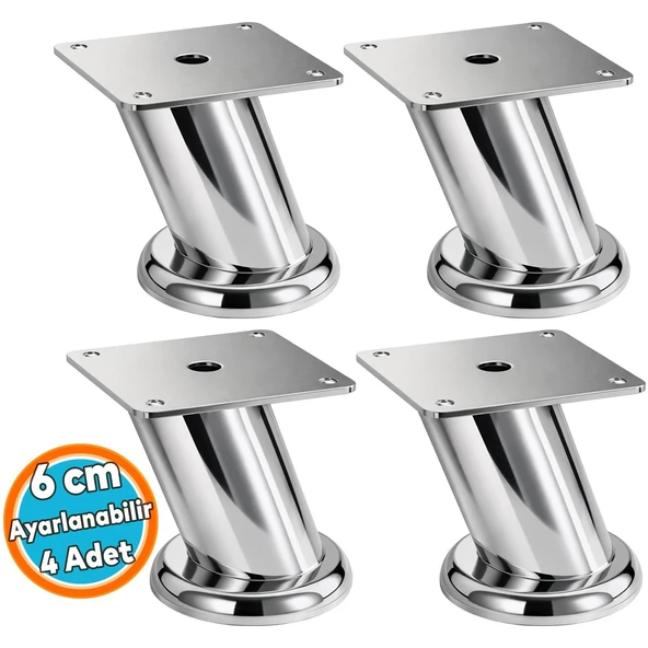 4 Adet Tablalı Dereceli Ayarlanabilir (+2CM) Krom Metal Baza TV Ünitesi Koltuk Mobilya Ayağı (6 CM) ürün görseli 1