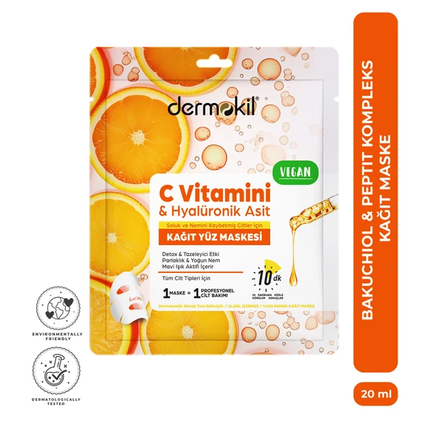 Dermokil C Vitamini & Hyalüronik Asit İçeren Kağıt Yüz Maskesi 20 ml ürün görseli 1