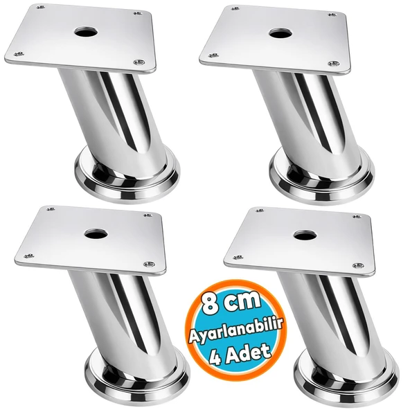 4 Adet Tablalı Dereceli Ayarlanabilir (8 CM) Krom Metal Baza TV Ünitesi Koltuk Mobilya Ayağı (+2CM) ürün görseli 1