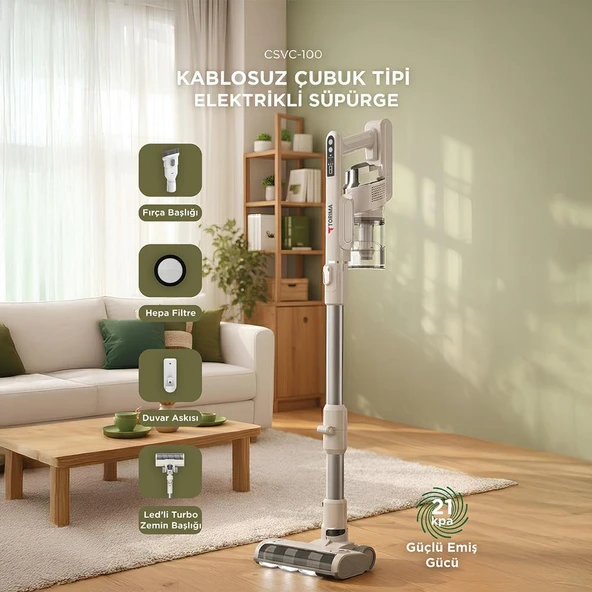 Kablosuz Katlanabilir Hafif UV Işıklı Dikey Şarjlı Süpürge 300W 21KPa Torima CSVC-100 Beyaz ürün görseli 1