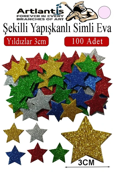 Şekilli Simli Eva Yapışkanlı Yıldız 3 cm 100 lü 1 Paket Kendinden Yapışkanlı Simli Eva Sticker Okul Öncesi Kreş Ana ürün görseli 1