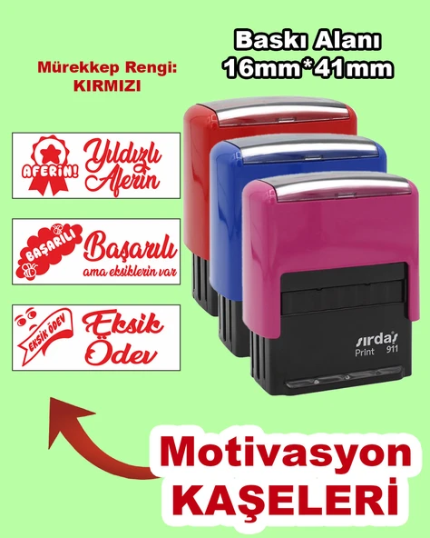 Öğretmen Motivasyon Kaşe Seti, 911 (16mmx41mm) Kırmızı Keçeli Otomatik Kaşe ürün görseli 1