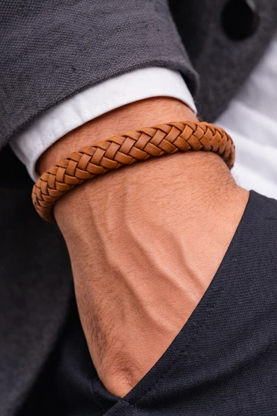 Taba Herringbone – Balık Sırtı Örgülü Hakiki Deri Erkek Bileklik-50-680 ürün görseli 1