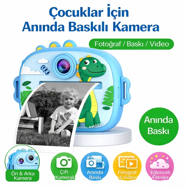 Mavi Dinazor Temalı Anında Baskılı Çocuk Kamerası Çift Kameralı, 2,0 Ekran ürün görseli 1