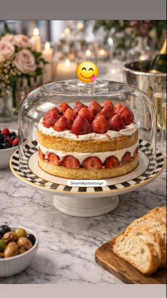 ÇİZGİLİ KUŞLU DESEN AYAKLI KEK FANUSU 30CM ürün görseli 1