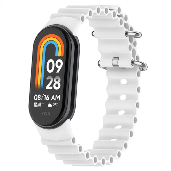 Xiaomi Mi Band 9 İle Uyumlu Dalga Desenli Metal Tokalı Yumuşak Silikon Kordon  Beyaz ürün görseli 1
