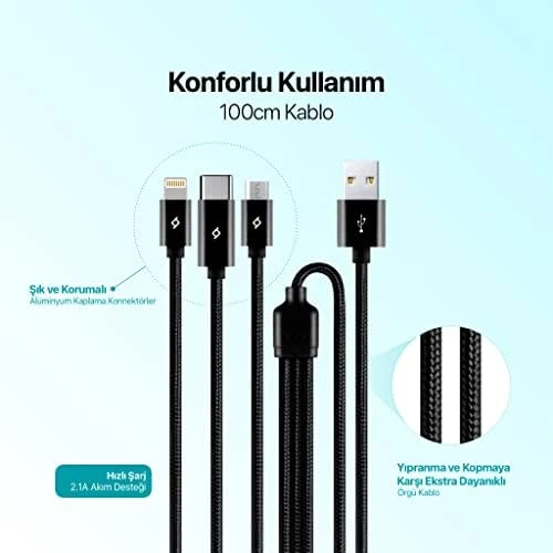 ttec AlumiCable Trio Şarj Kablosu 1mt. Type-C, Lightning, Micro USB - Resim 2