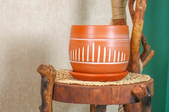Bitki Tasarımı Doğal Çizgili Model Tabaklı Terracota Toprak Saksı Saksılık Salon Çiçeklik 19 CM ürün görseli 1