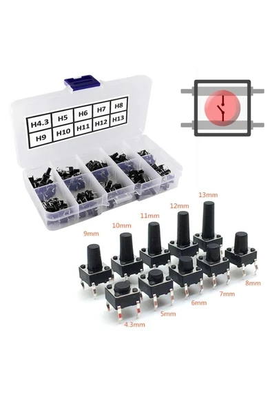 Devremarkt 200 Adet 6x6mm Tact Buton Set 10 Farklı Yükseklikte 4 Pin Dokunmatik Anlık Basmalı Düğme Anahtar ürün görseli 1