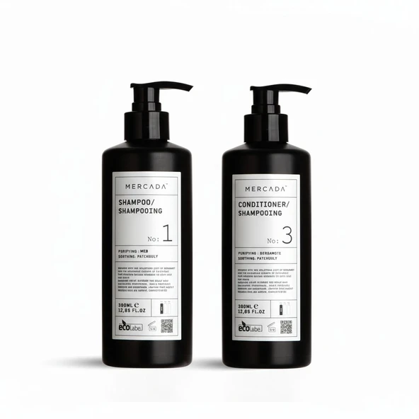 Mercada Siyah No1 Purifying and Soothing Shampoo 380 ml + No 3 Purifying and Soothing Conditioner 380 ml – Bergamot ve Patçuli Özlü ürün görseli 1