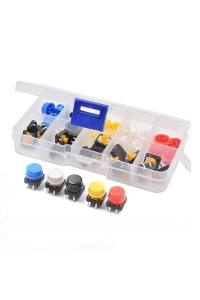 Devremarkt Kutulu 12x12mm 25 Adet Başlıklı Tact Buton Set 4 Pin 5 Renk Dokunmatik Anlık Basmalı Düğme ürün görseli 1