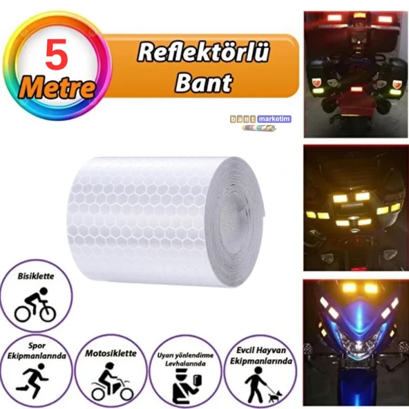 Reflektörlü Reflektif Fosforlu Şerit Bant Petekli Reflekte İkaz Bandı 5 cm x 5 Metre Beyaz ürün görseli 1
