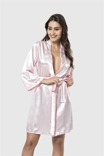 Pembe Kısa Saten Sabahlık ürün görseli 1
